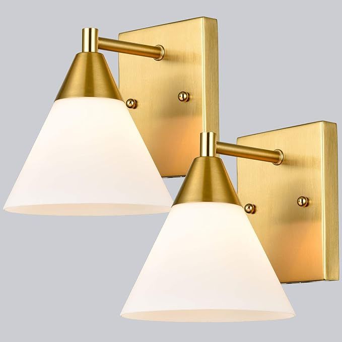 DAYCENT Modern Wall Sconces Set of 2 Brass Bathroom Vanity Light Fixtures Opal Glass Wall Lights | Amazon (US)