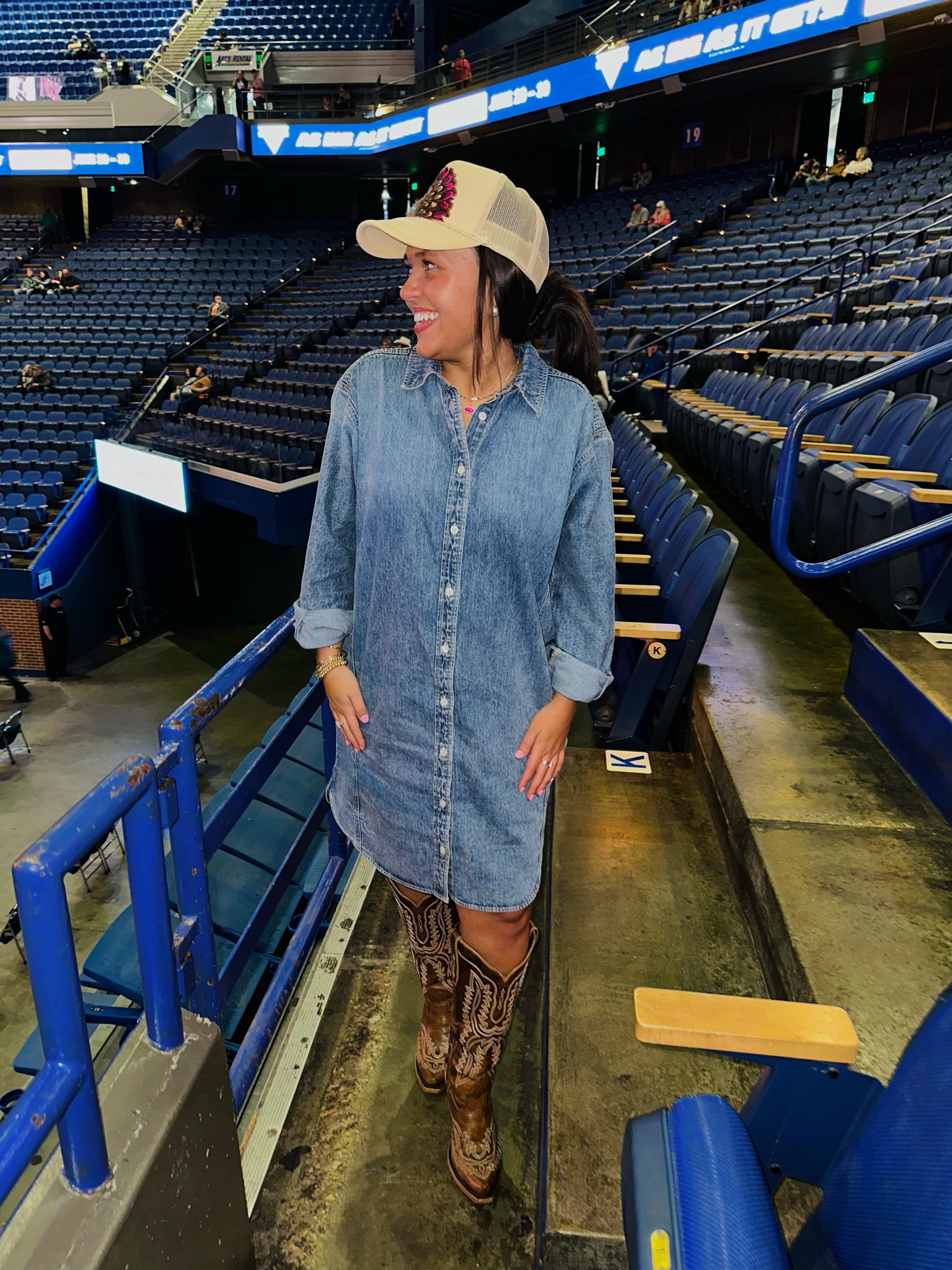 Cody Johnson Concert 🤠💕🪶🎶

Denim dress. Cowboy boots. Feather trucker hat. Concert outfit ideas. Ariat Casanovas. Trucker hat. Cody Johnson. Concert outfits. 

#LTKshoecrush #LTKstyletip