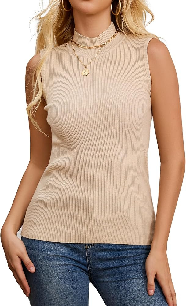 Sleeveless Mock Neck Tops for Women Ribbed Sweater Vest Mock Turtleneck Sleeveless Tops | Amazon (US)