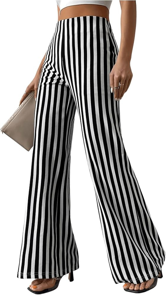 Floerns Women's Striped Print Flare Leg Trousers High Waist Bell Bottom Work Pants | Amazon (US)