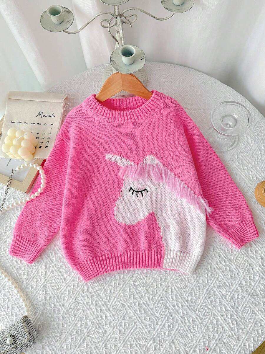 Crew Neck Pink Pullover Knit Sweater, Unicorn Pattern, 3D Design, Cute & Fun, Suitable For Home, ... | SHEIN