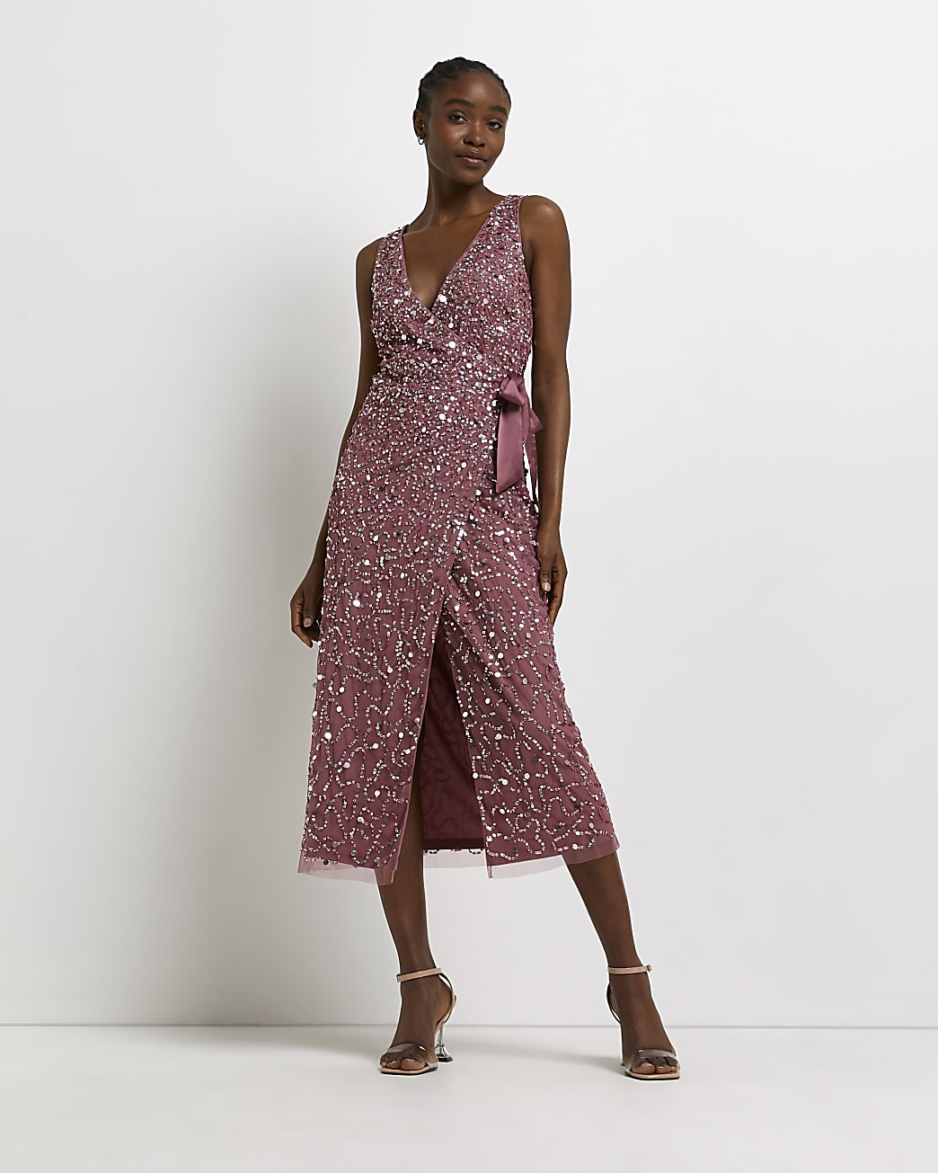 Pink Sequin Wrap Midi Dress | River Island (UK & IE)