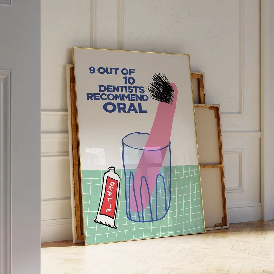 Toothbrush Oral Health Wall Art Hand-illustrated Bathroom - Etsy | Etsy (US)