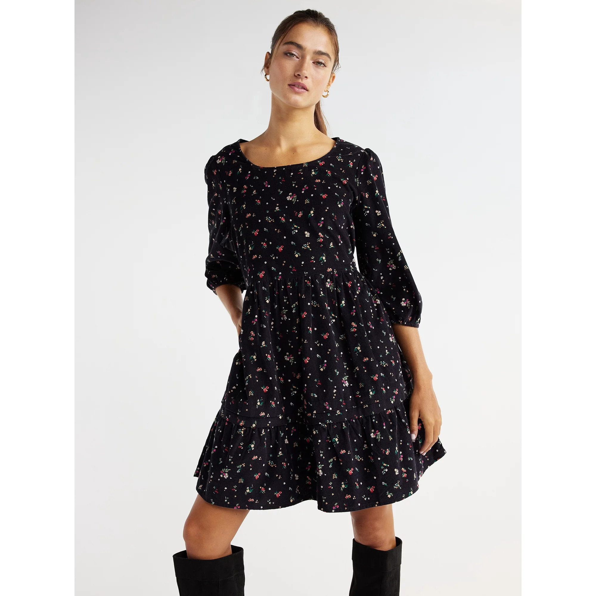 Time and Tru Women's Corduroy Dress with 3/4-Length Sleeves, Sizes XS-XXXL - Walmart.com | Walmart (US)