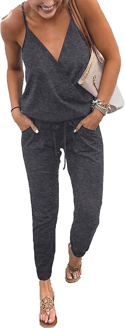 PRETTYGARDEN Women's Summer Casual Jumpsuits Wrap V Neck Sleeveless One Piece Pants Romper with Pock | Amazon (US)