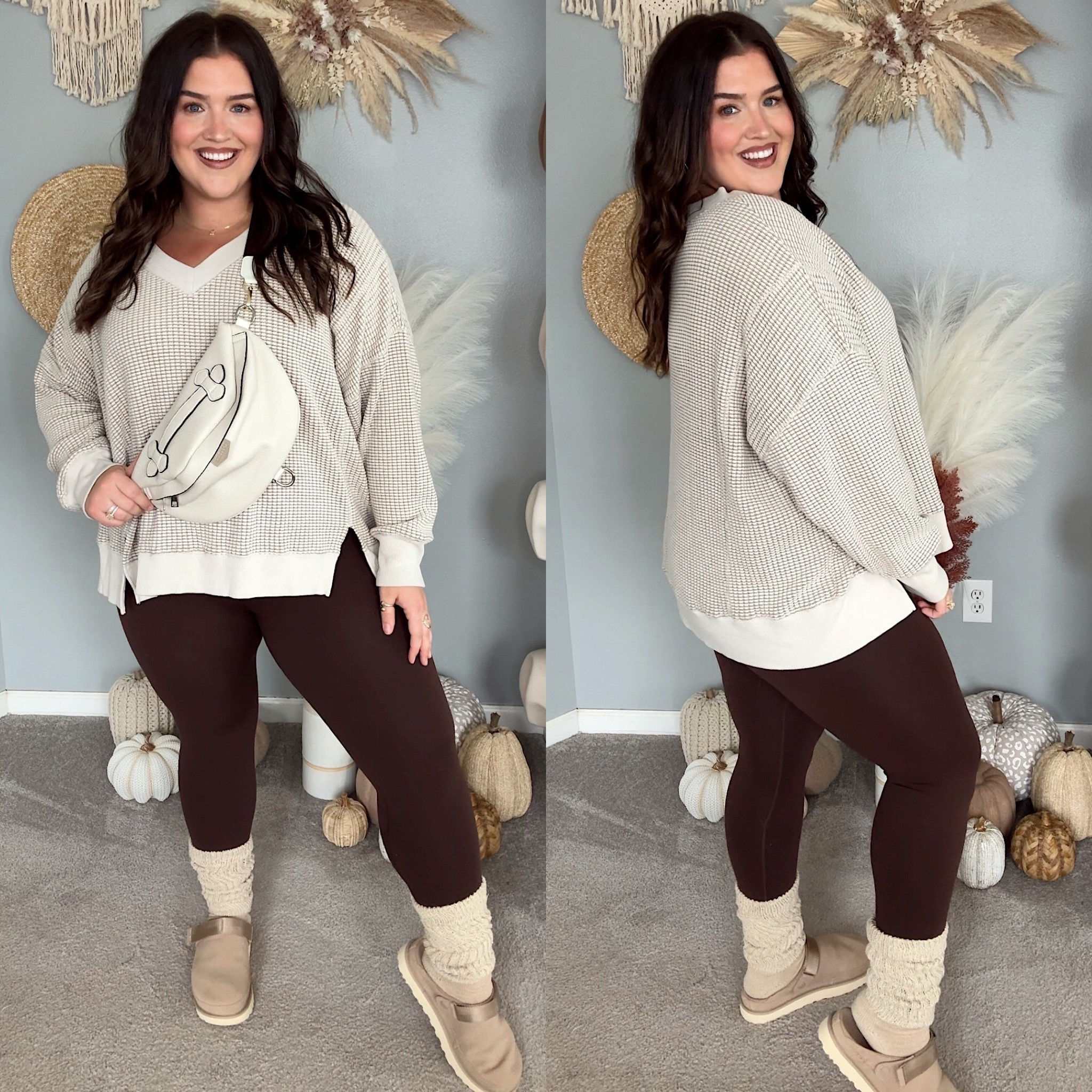 Cozy vneck sweater 🍂 The perfect oversized waffle knit pullover sweatshirt. Wearing a size XL. Chocolate brown leggings are super high waisted. Size XL. 
Paired with scrunch socks + Ugg Goldenstar clogs 

#LTKMidsize #LTKSeasonal #LTKShoeCrush
