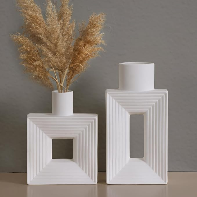 CEWOR White Ceramic Vase Set of 2, Square Boho Vase for Rustic Home Decor, Minimalist Nordic Styl... | Amazon (US)