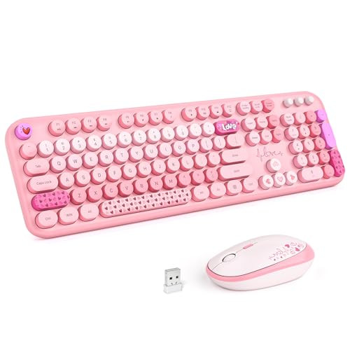 Wireless Keyboard and Mouse Combo, MOWUX Full Size Typewriter Retro Round Computer Keyboard, Cute Optical Mouse Wireless, Plug and Play, for Laptop, PC, Computer- Pink Heart | Amazon (US)