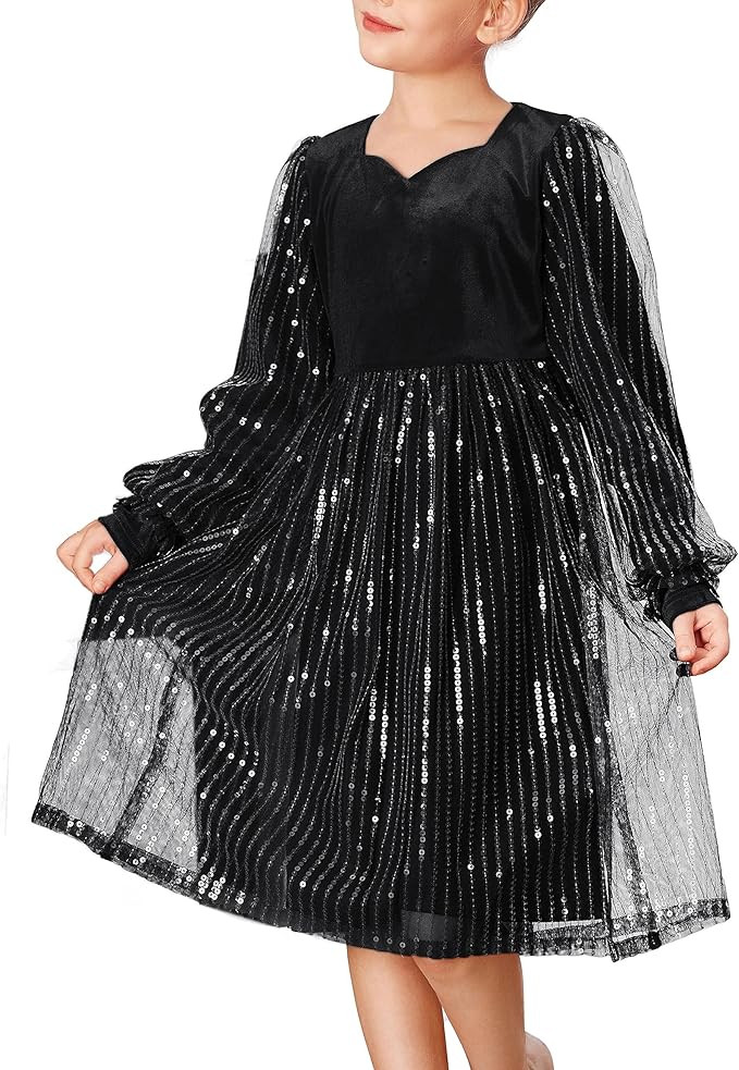 GRACE KARIN Girls Velvet Sequin Dress Girls Long Sleeve Elegant Cute Sequin Dress for 5-12Y      ... | Amazon (US)