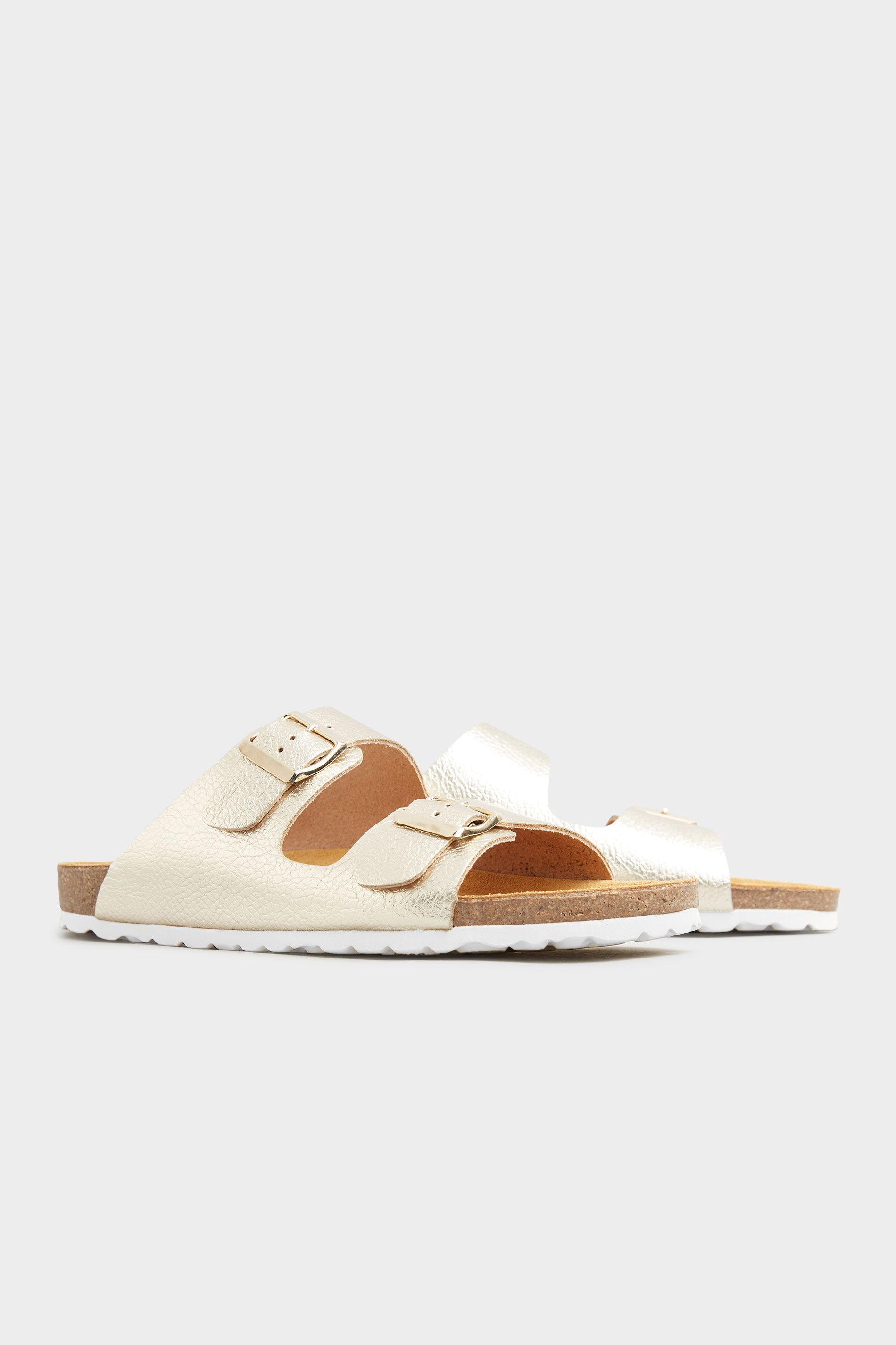 Gold Two Buckle Footbed Sandals | Long Tall Sally