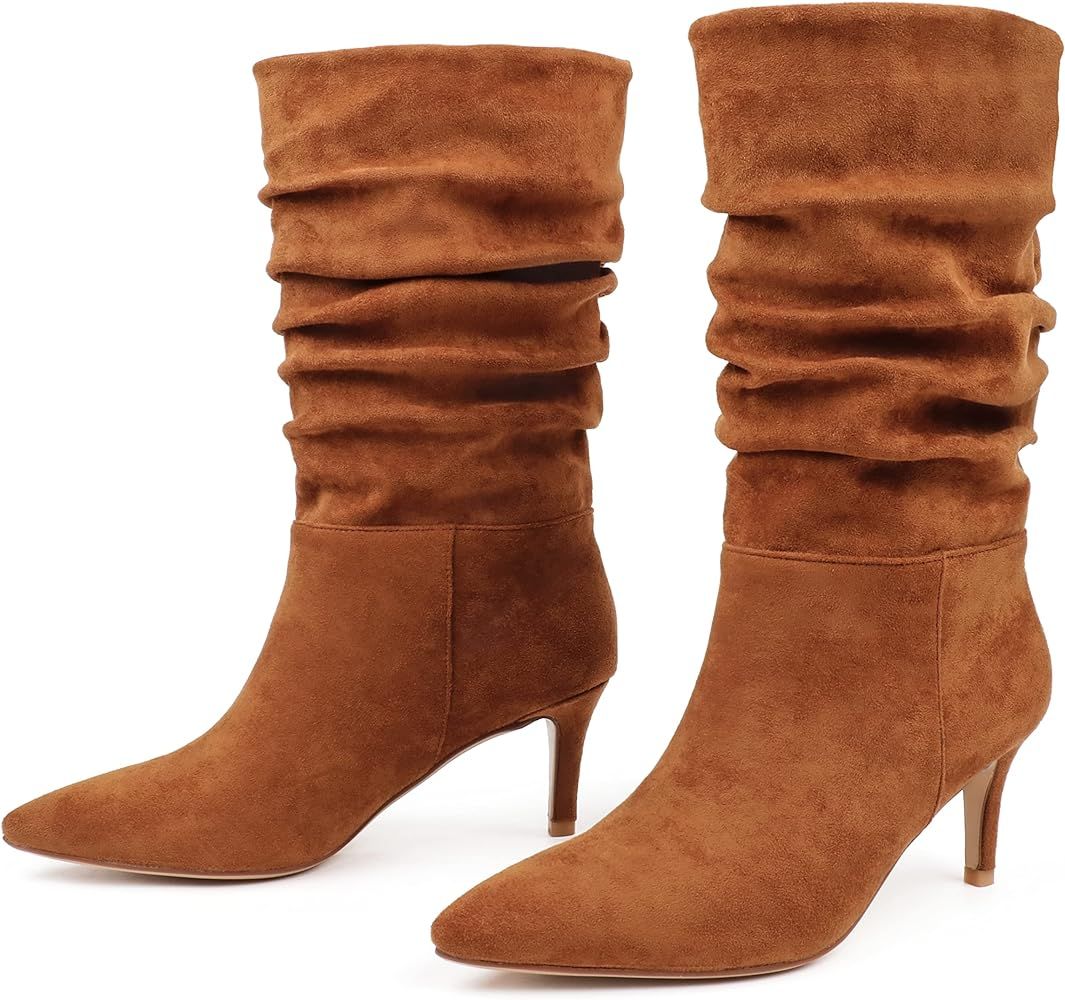 JOY IN LOVE Women's Low Heel Boots, Mid-Calf High Wrinkled Slouchy Boots | Amazon (US)
