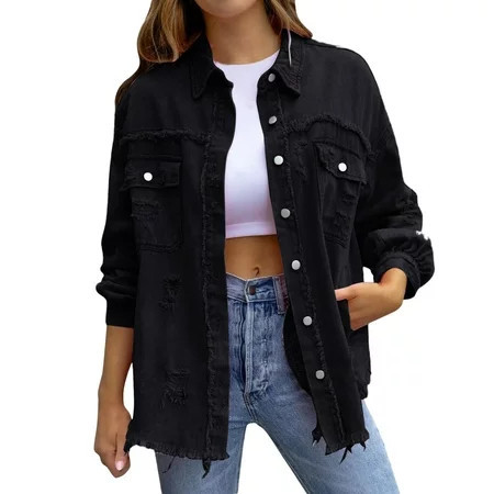Ketyyh-chn99 Denim Jackets for Women Oversized Denim Jacket Lapel Button Up Long Sleeve Jean Jacket Black 2XL | Walmart (US)