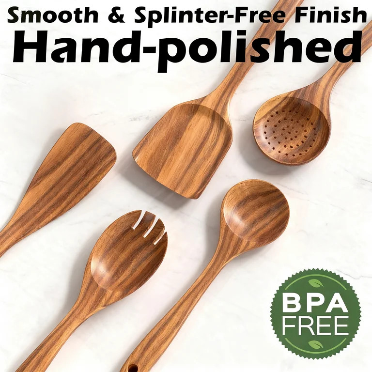 5-Piece Wooden Cooking Utensils Set – Natural Teak Kitchen Tools for Nonstick Cookware, Heat-Re... | Walmart (US)