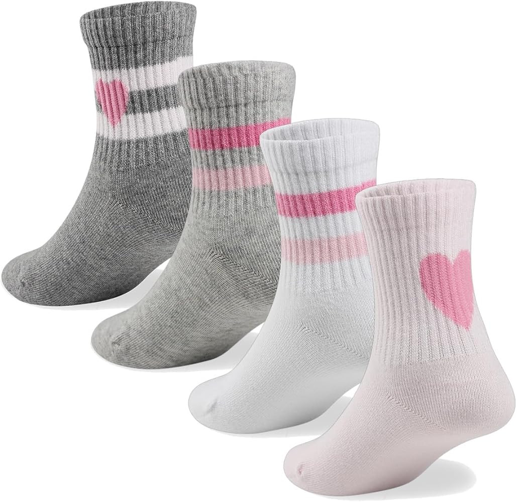 Amazon.com: COTTON DAY Kids Girls Pink White Crew Athletic Socks with Retro Stripes Hearts Size L... | Amazon (US)