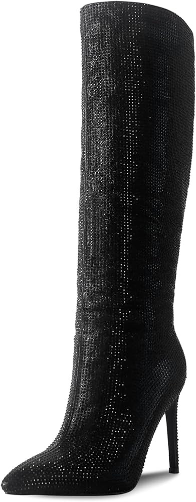Ouepiano Women's Rhinestone Booties Stiletto Heel Boots Bling Pointed Toe Side Zipper Sparkly Rhi... | Amazon (US)