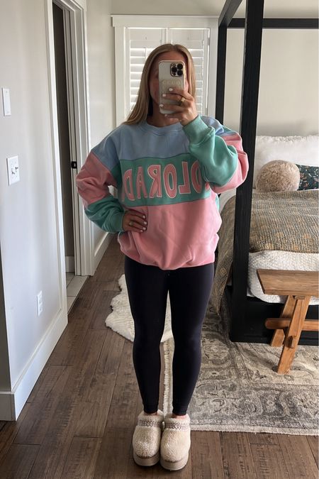 Cute sweatshirt and true to size. It’s like a vintage throwback sweatshirt but new! Colors are muted so not too bright, perfect for transitioning into spring.  