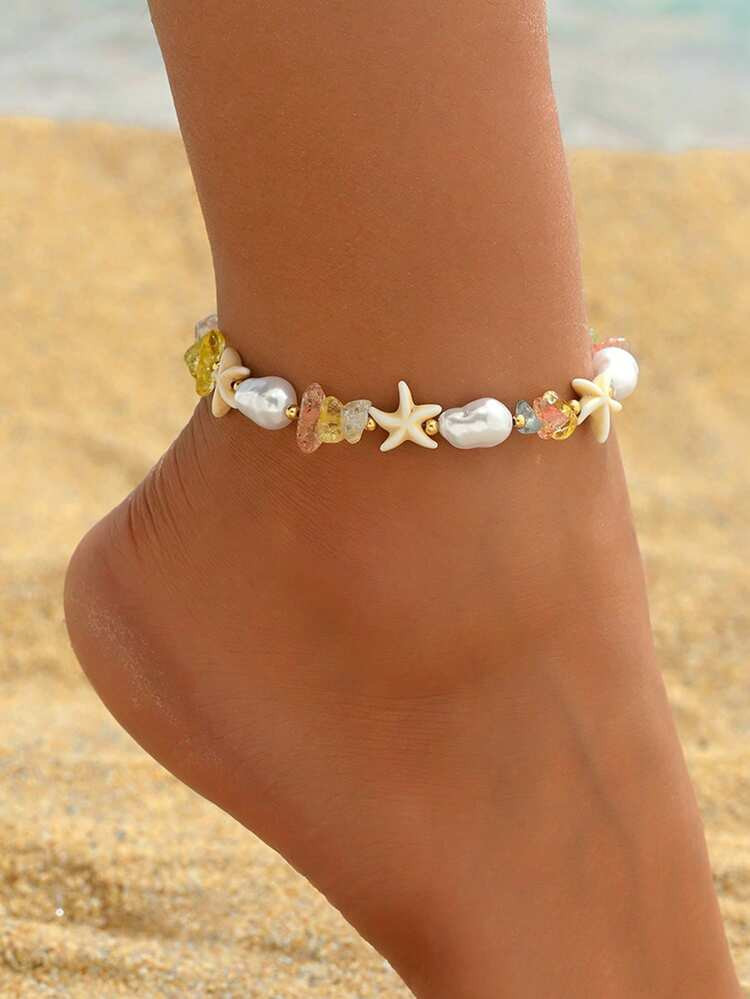 1pc Summer Beach Vacation Faux Pearl Starfish Anklet, Fashionable Sweet Colorful Beaded Handmade Women's Foot Jewelry, Suitable For Daily Wear, Beach Travel, And Dating. The Color Of The Colored Stones Is Random, And The Shape And Size Of The Natural Stones Are Random And Not Fixed, Subject To The Actual Item Received. | SHEIN