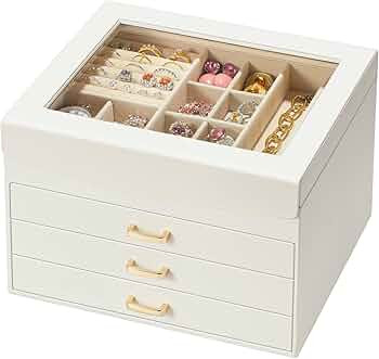 4 Layer Jewelry Box with Glass Lid, Large Jewelry Organizer with 3 Drawers for Women Girls, Adjus... | Amazon (US)