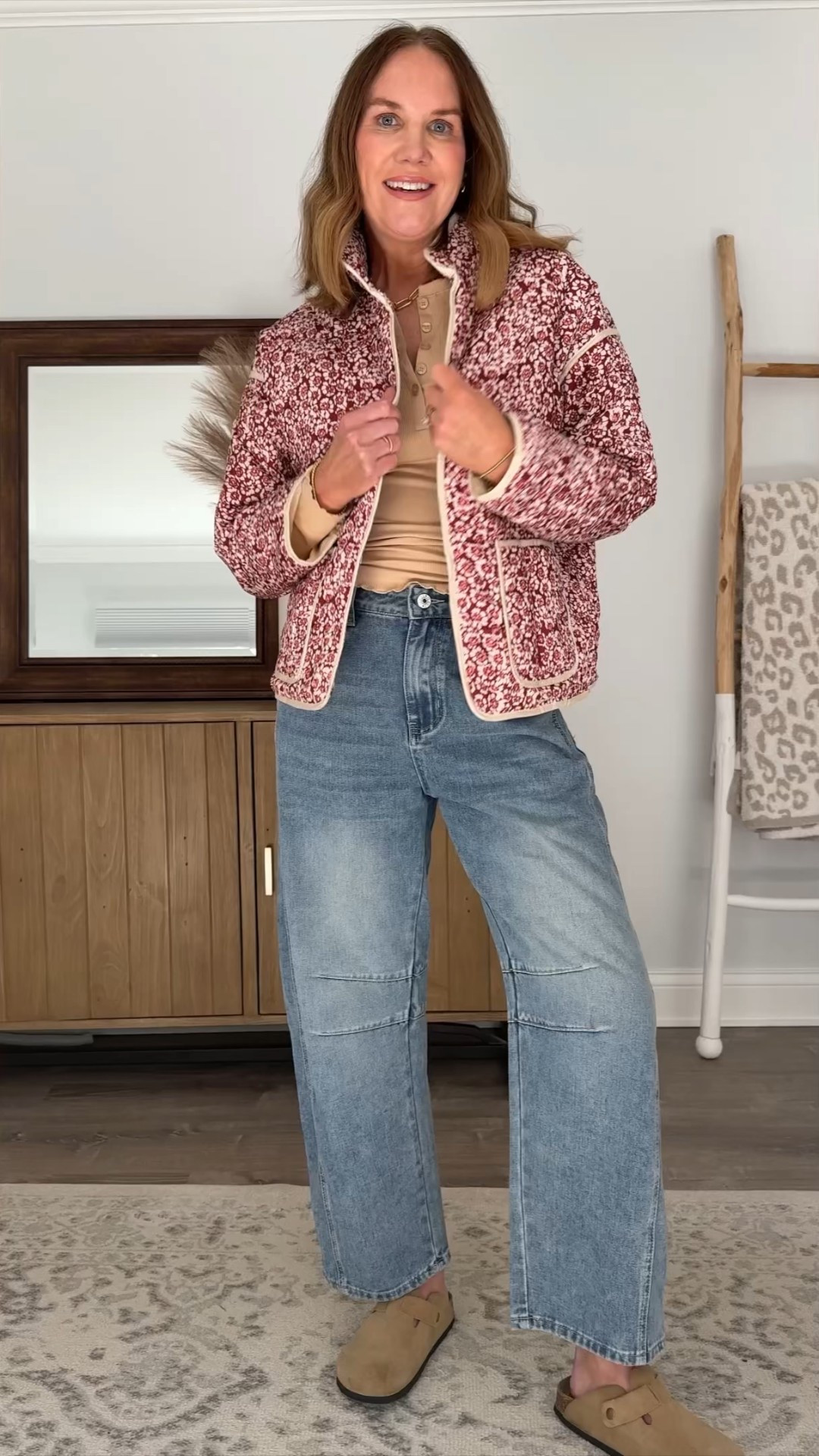 Lightweight, ditzy, floral quilted jacket size medium FP look for less
Fall outfit, barrel, jeans, fall jacket