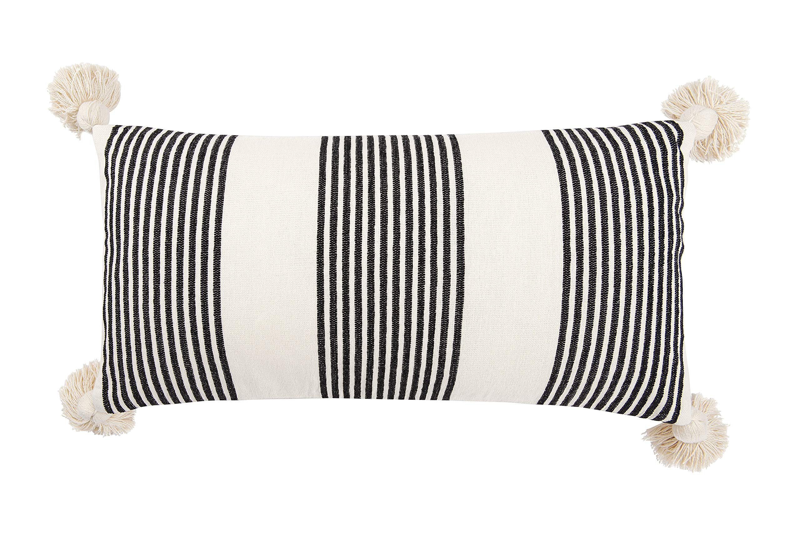 Creative Co-Op Cotton and Chenille Woven Striped Lumbar Pillow with Tassels, Black and Cream | Amazon (US)
