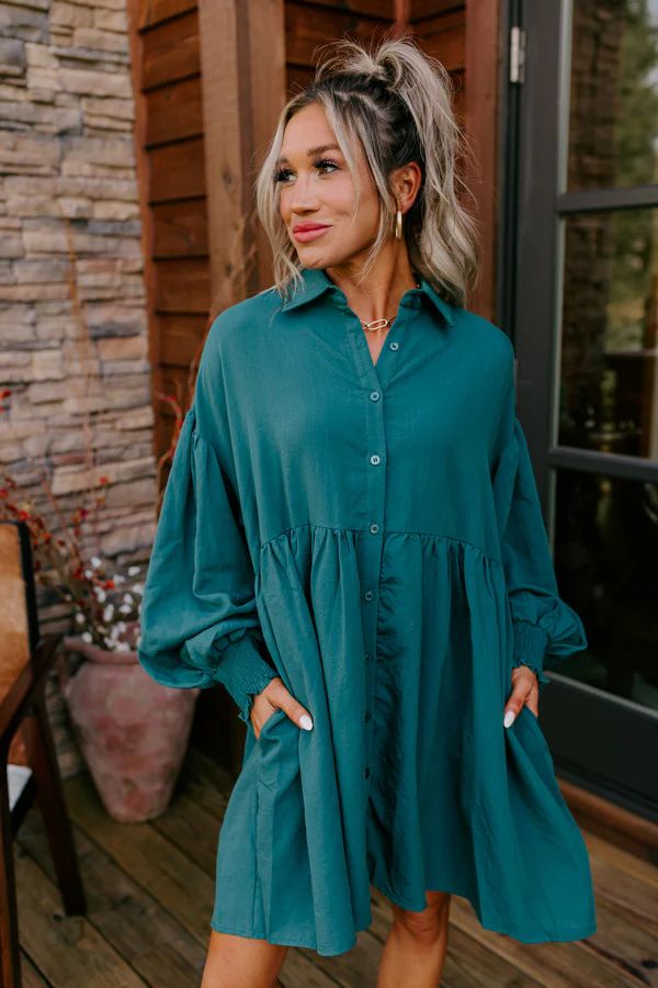 Cafe Patio Button Down Mini Dress in Hunter Green | Impressions Online Boutique