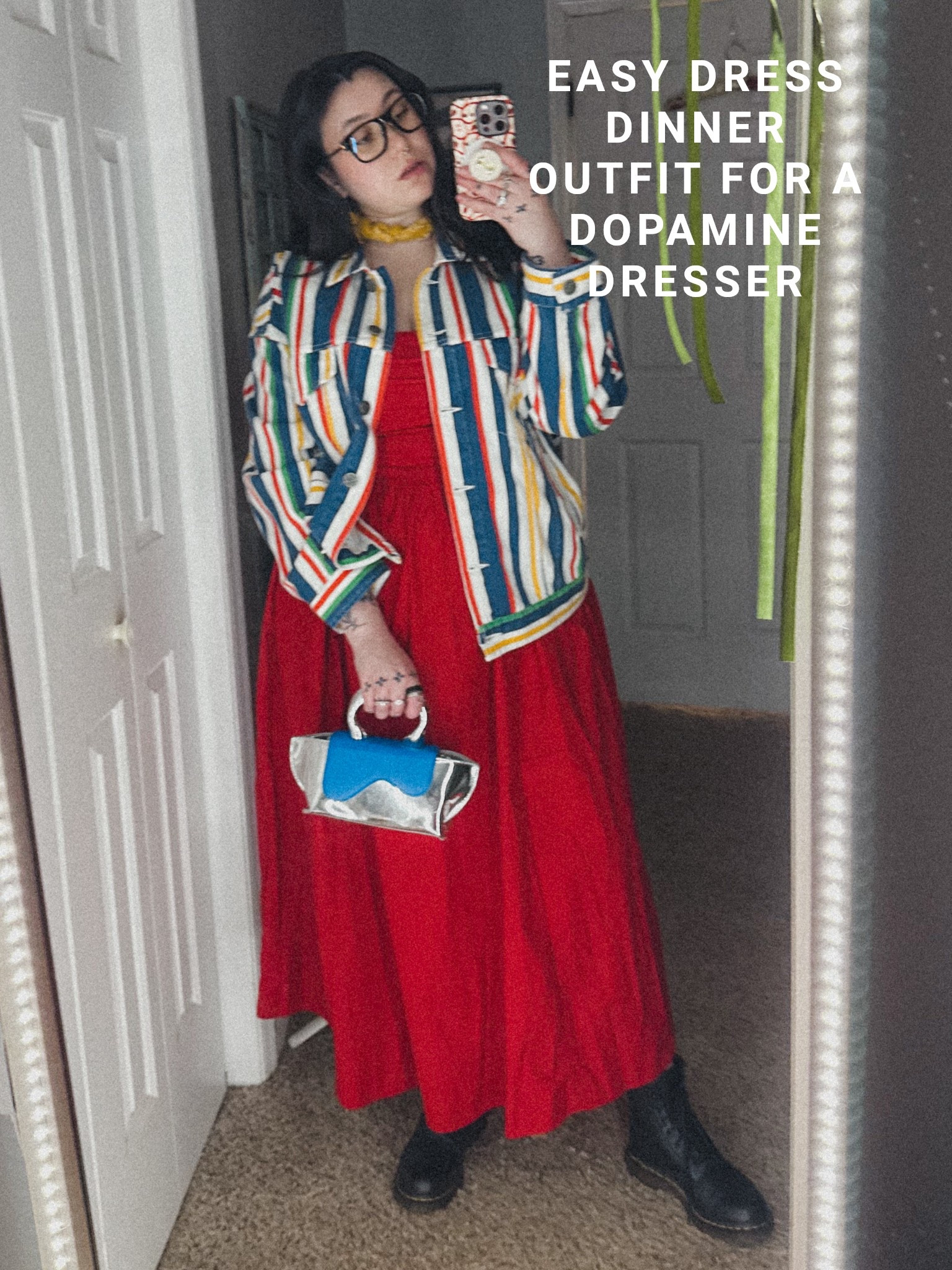 Red dress dinner outfit with a colorful Jean jacket 

#LTKMidsize #LTKItBag #LTKFindsUnder100