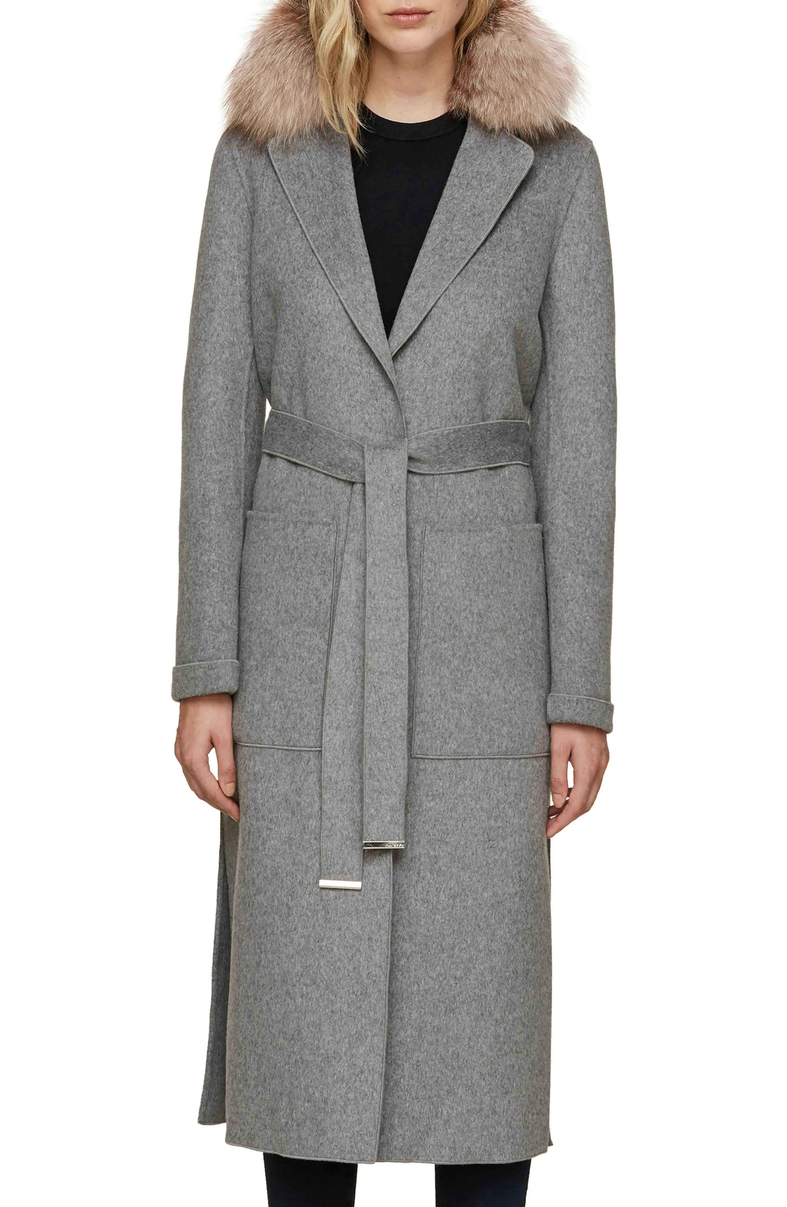 Soia & Kyo Wool Blend Genuine Fox Fur Trim Belted Coat | Nordstrom