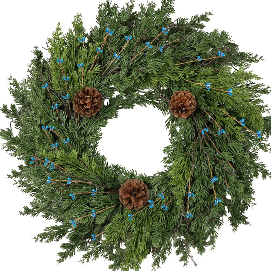 24 Inch Christmas Wreaths for Front Door - Artificial Green Cedar Garland with Pine Cones and Ber... | Amazon (US)