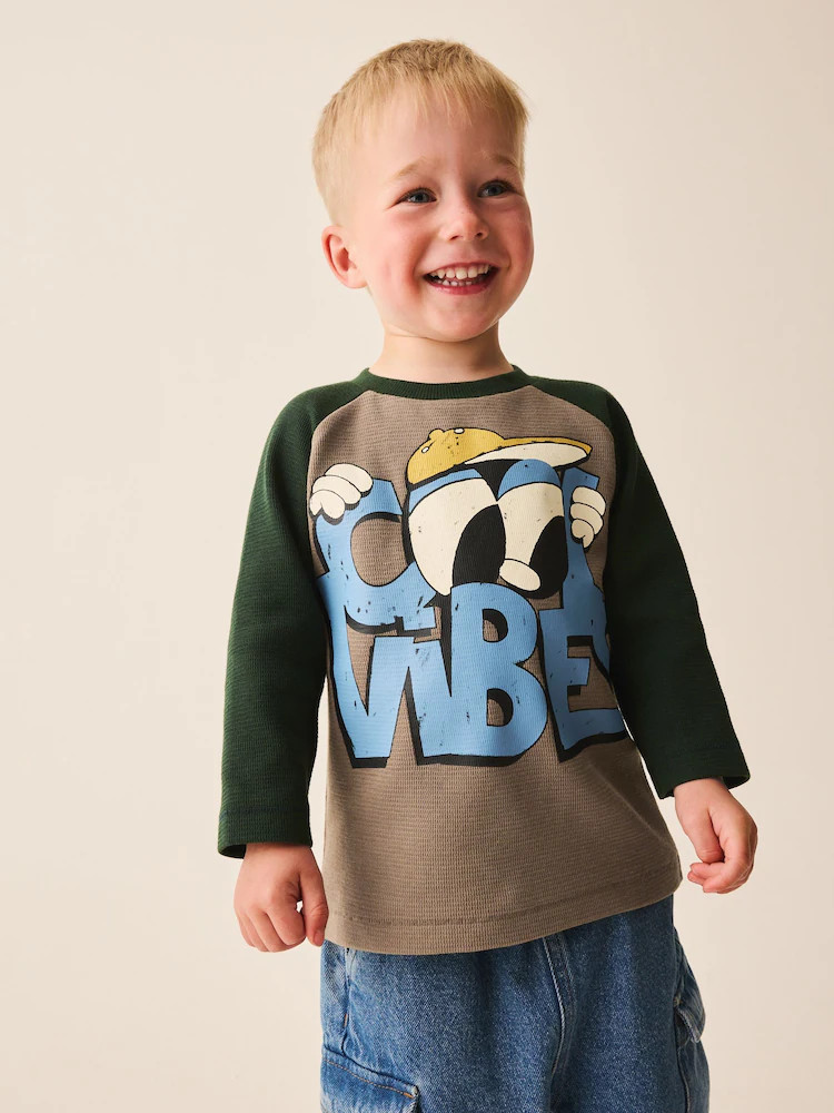 Brown/Khaki Cool Vibes Raglan Textured Long Sleeve Graphic T-Shirt (3mths-7yrs) | Next US