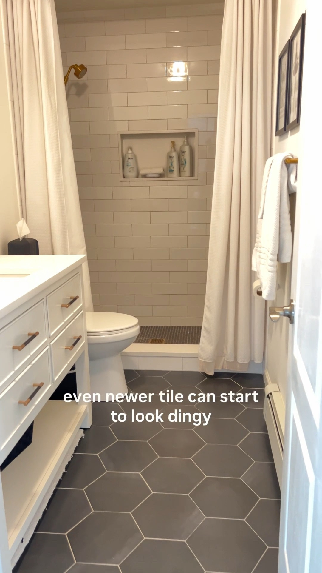 Fix Friday 💡

Light bathroom tile grout looks beautiful when it’s first installed,
but over time it can start to look dull and dingy.

Even newer tile isn’t immune.
The right grout cleaner brought this bathroom back to life — without replacing a thing.

Best Amazon find!

Save this before you demo 🤍

#LTKHome #LTKOver40 #LTKmomlife