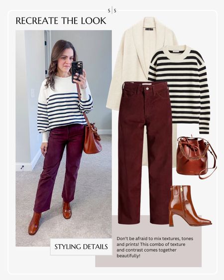 Recreate the Look | Winter outfit idea | crop corduroy pant, striped sweater, optional long knit coat, patent ankle boot, leather bucket bag 


#LTKstyletip