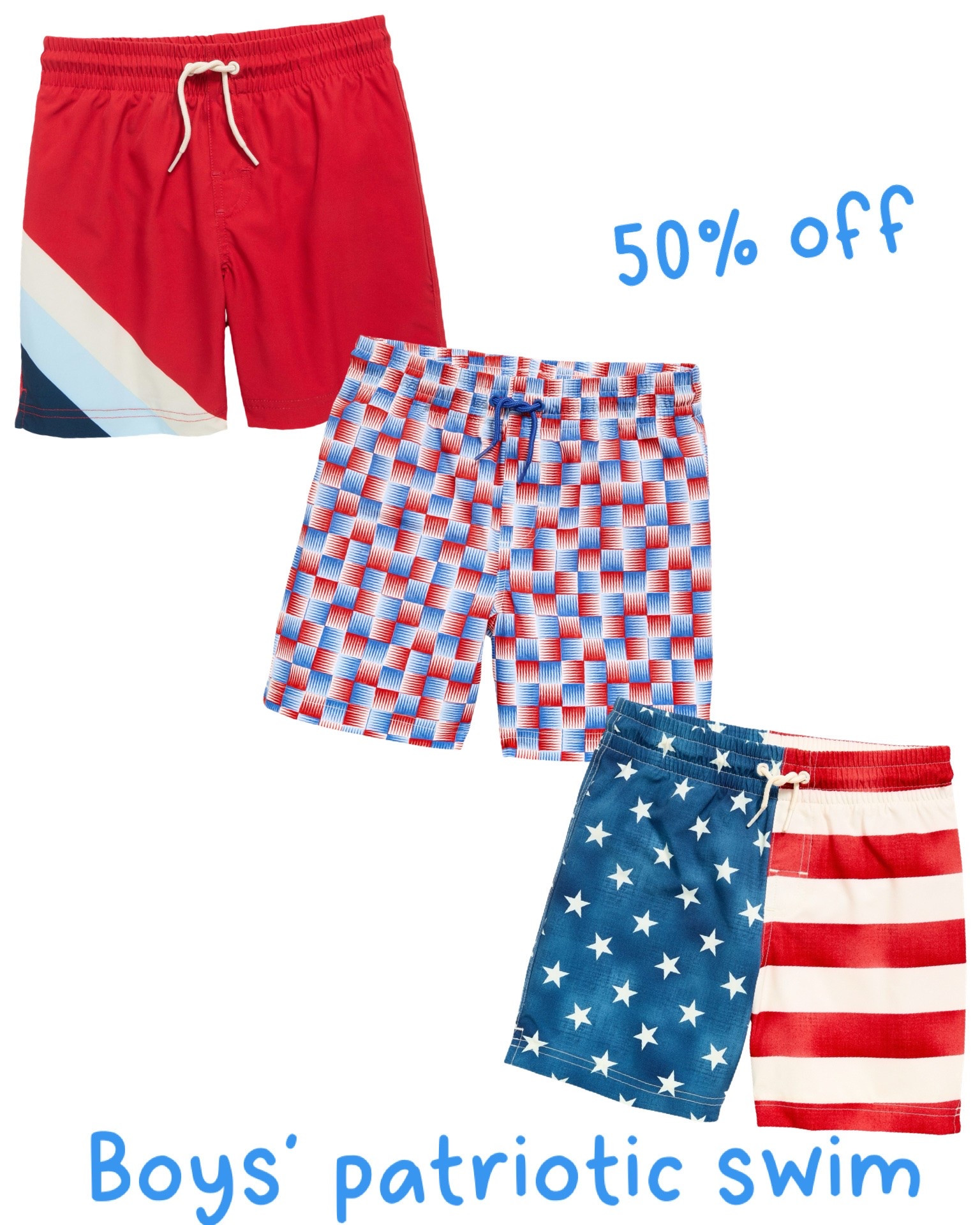50% off boys' swim! Grabbed some patriotic trunks for my boys for the fourth!
.

#LTKmomlife #LTKKids #LTKSaleAlert