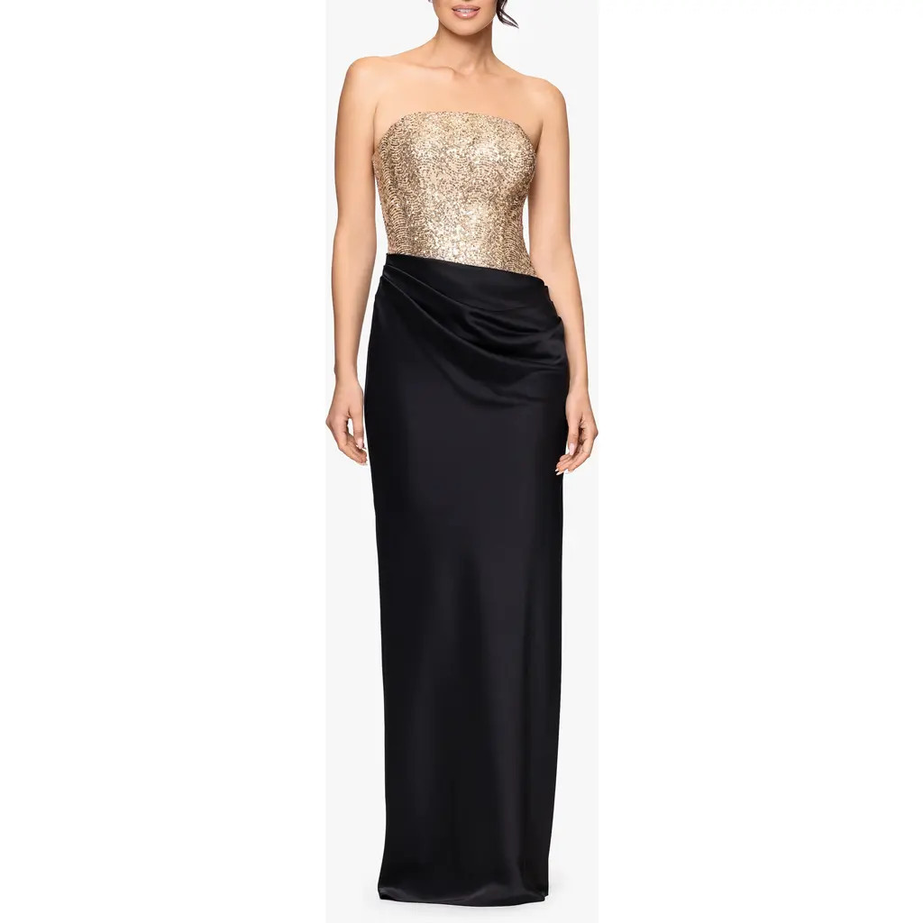 Betsy & Adam Sequin Bodice Strapless Gown in Black/Gold at Nordstrom, Size 2 | Nordstrom
