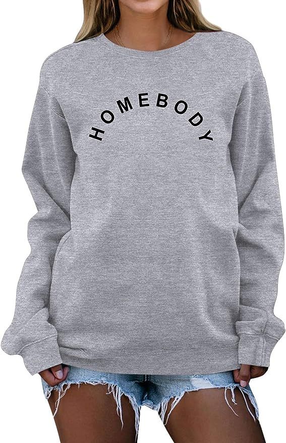 GEMLON Homebody Shirt Women Cute Letter Printed T-Shirts Long Sleeve Top Pullover Sweatshirt | Amazon (US)