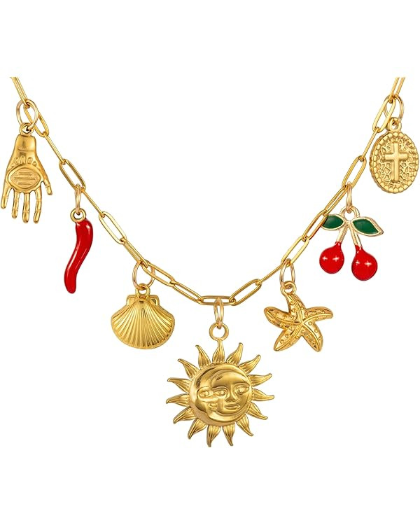 Charm Necklace for Women, 14K Gold Sun and Moon Coin Cross Cherry Charm Necklace, Dainty Summer B... | Amazon (US)