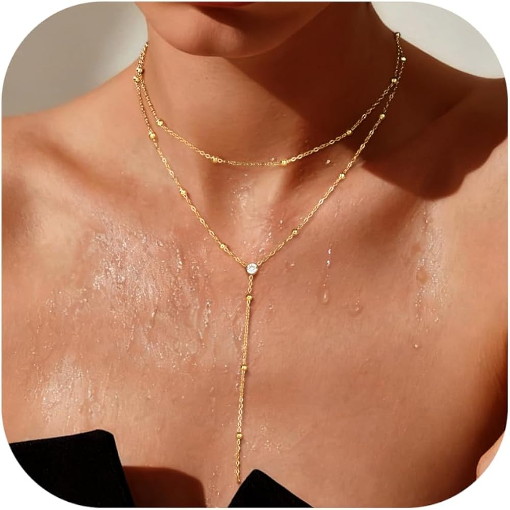 Lariat Gold Necklace for Women,Long Necklace Stack 18K Gold Plated Stainless Steel Non Tarnish La... | Amazon (US)