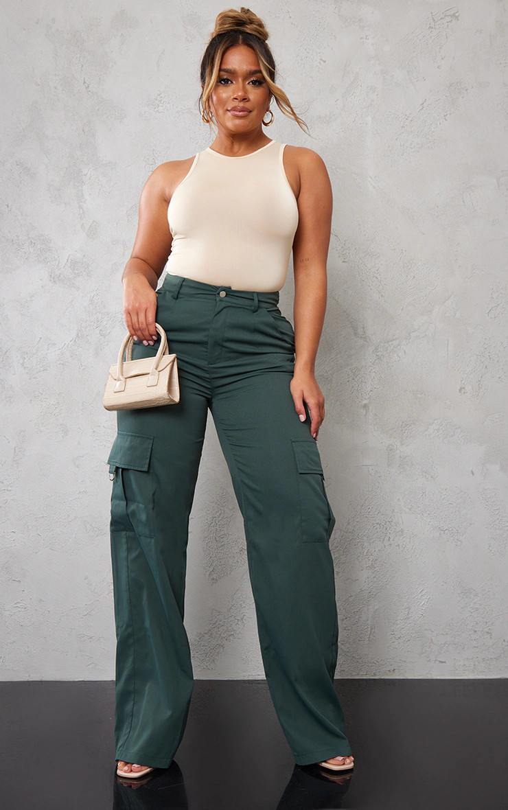 PRETTYLITTLETHING Shape Pine Green Buckle Detail Cargo Wide Leg Pants | PrettyLittleThing US