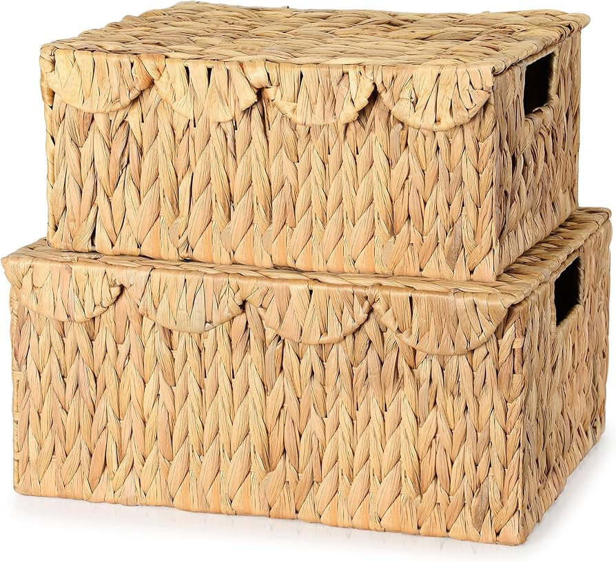Large Wicker Basket with Lid, Wicker Storage Basket with Built-in Handles, Scalloped Edge Handwov... | Amazon (US)