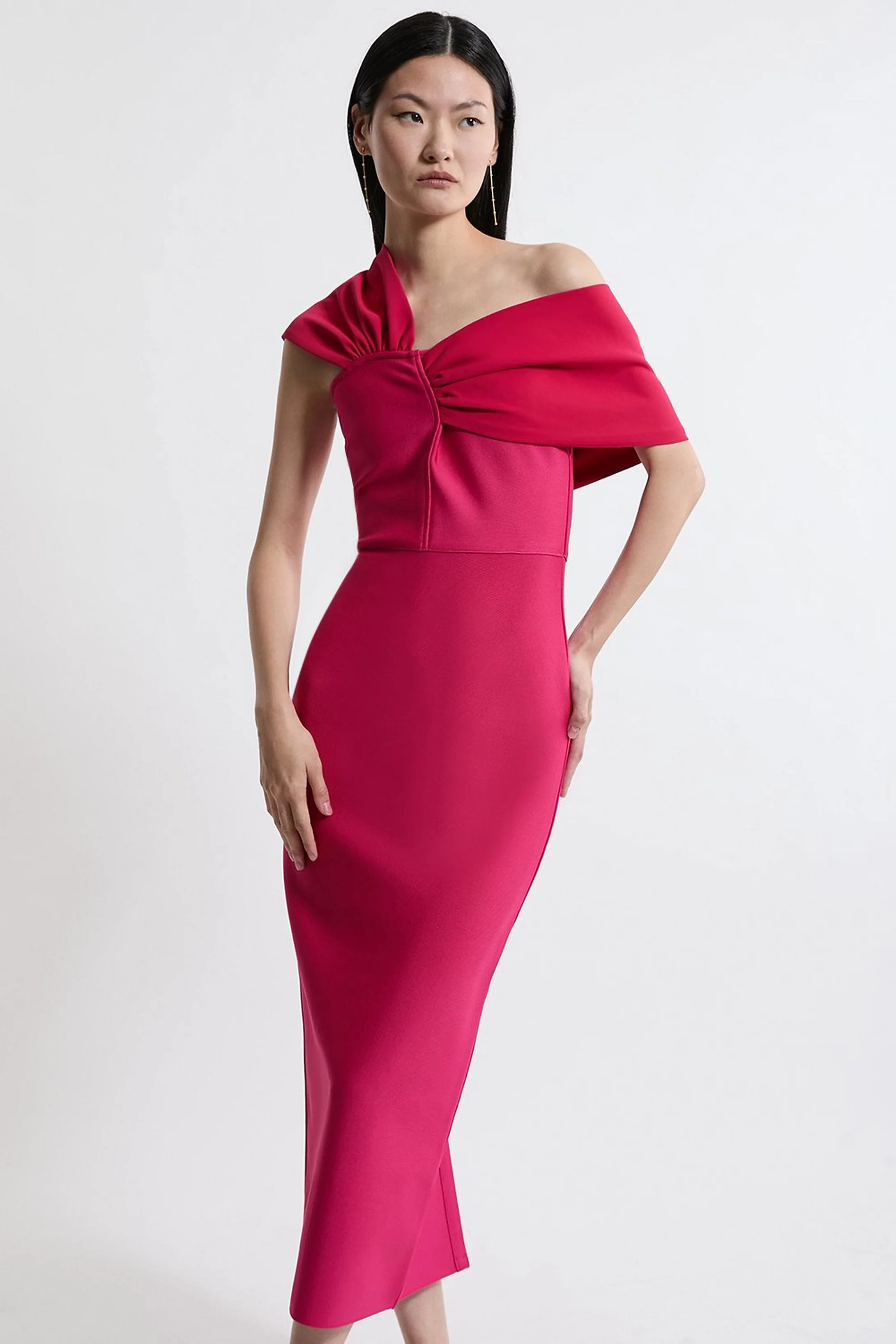 Figure Form Bandage Asymmetric Strap Knit Midi Dress | Karen Millen US