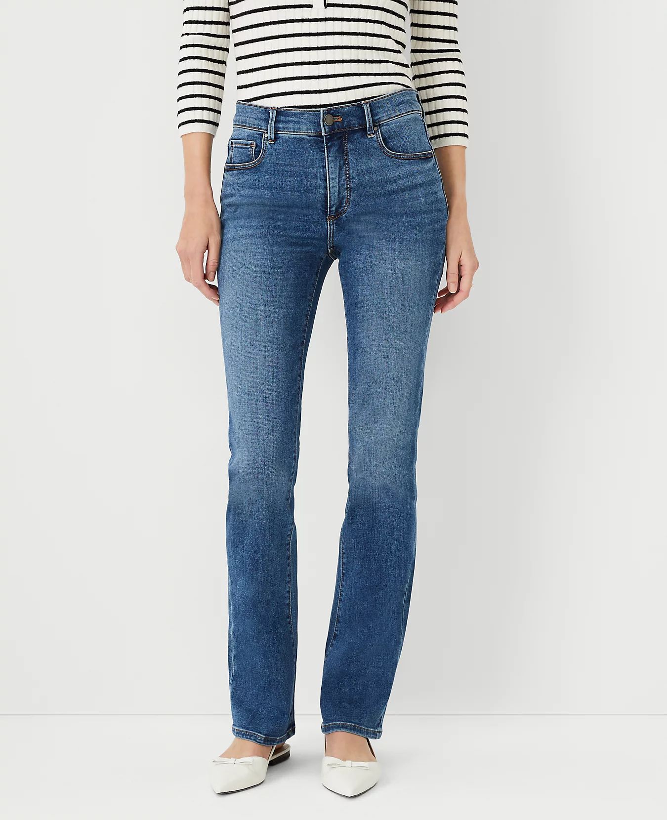 Sculpting Pocket Mid Rise Boot Cut Jeans in Mid Stone Wash | Ann Taylor (US)