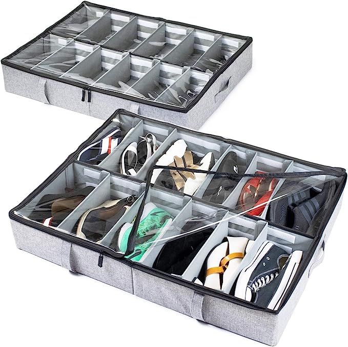 storageLAB Under Bed Shoe Storage Organizer, Adjustable Dividers - Set of 2, Fits 24 Pairs Total ... | Amazon (US)