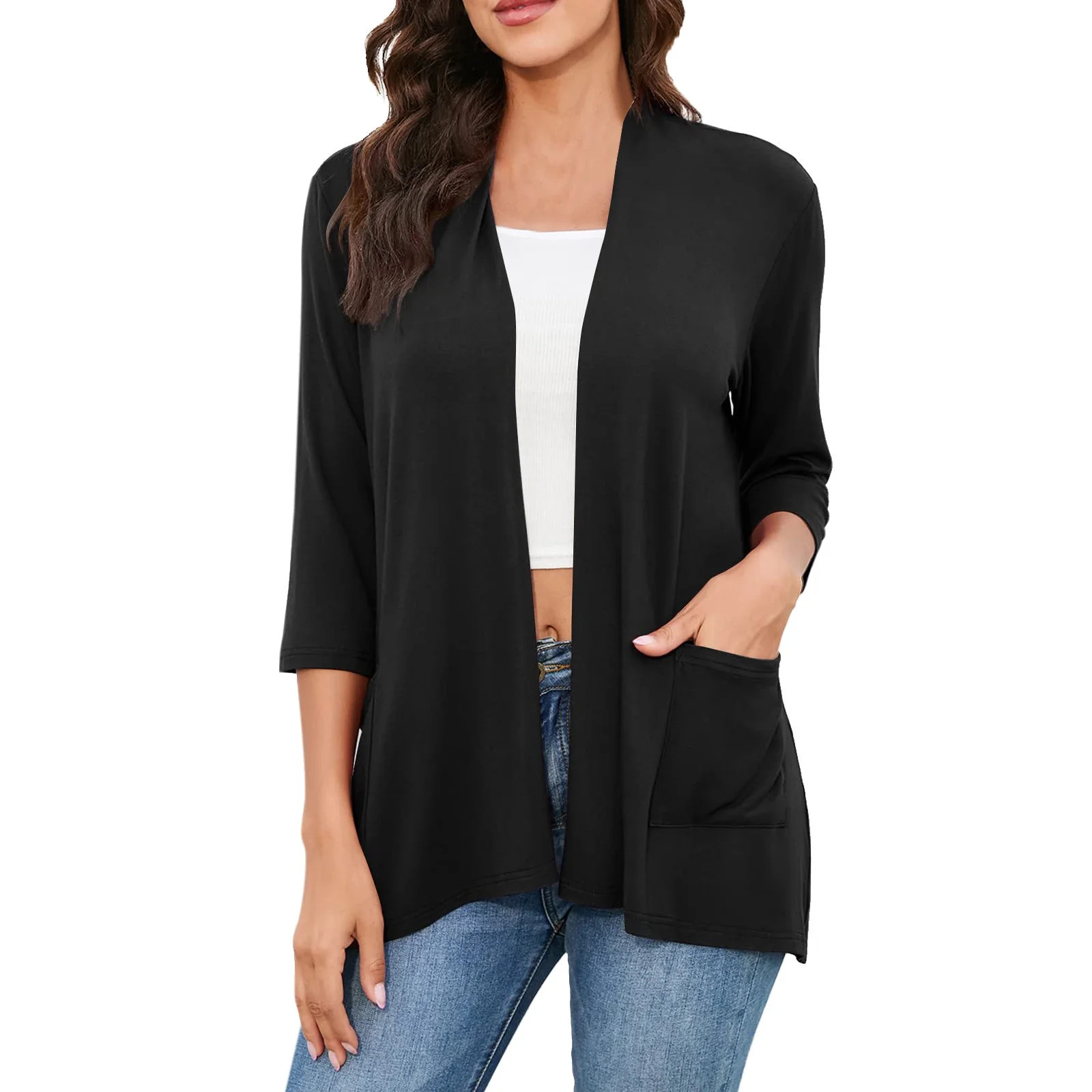Povozer Womens 3/4 Sleeve Blazers Lightweight Open Front Cardigan Jacket Office Work Suits(Black,... | Walmart (US)