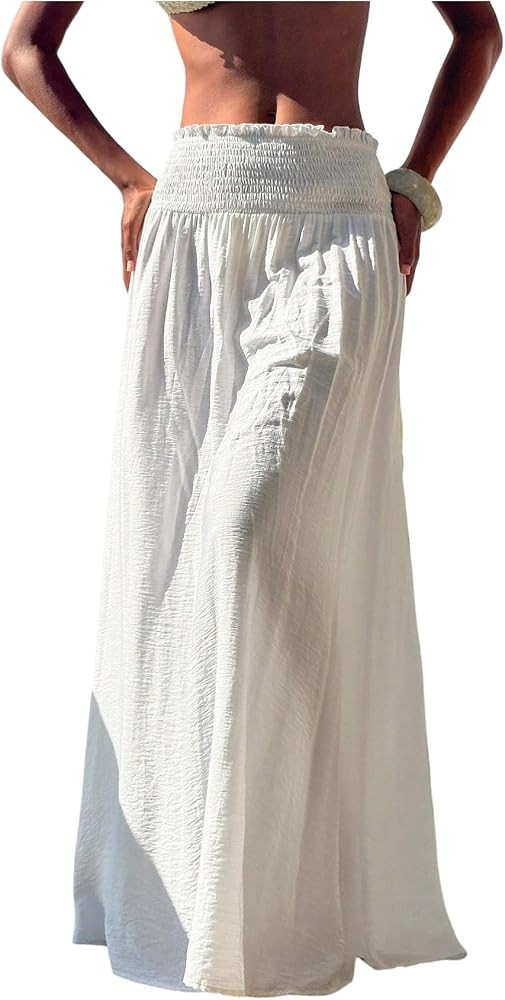 Milumia Women's Flowy Boho Maxi Skirt Low Waist Smocked Frill Ruffle Long Skirts | Amazon (US)