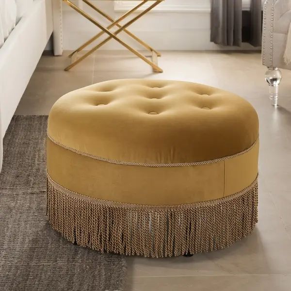 Yolanda Performance Fabric 25" Tufted Round Footstool Ottoman with Rope Fringe - Overstock - 9734... | Bed Bath & Beyond
