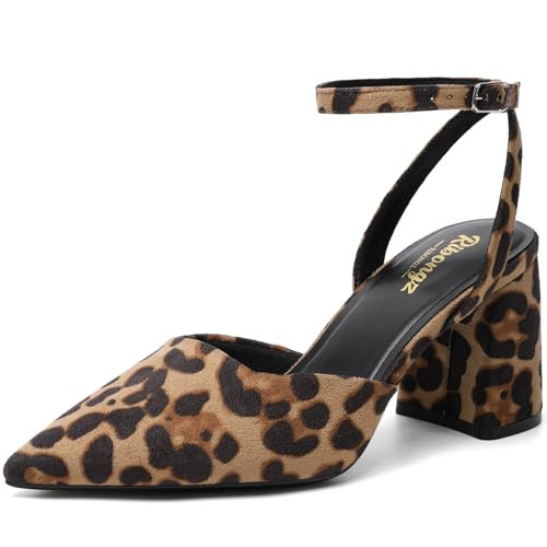 RIBONGZ Block Heels for Women Closed Pointed Toe Pumps Slingback Chunky High Heel Ankle Strap Heeled Leopard Suede Comfort Dressy Shoes for Work Party Prom Wedding Bridal Dress Size 10.5 | Amazon (US)
