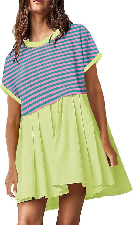 SAUKOLE Womens Summer Crew Neck Short Sleeve Dress Patchwork Pleated A Line Beach Boho Mini Dress | Amazon (US)