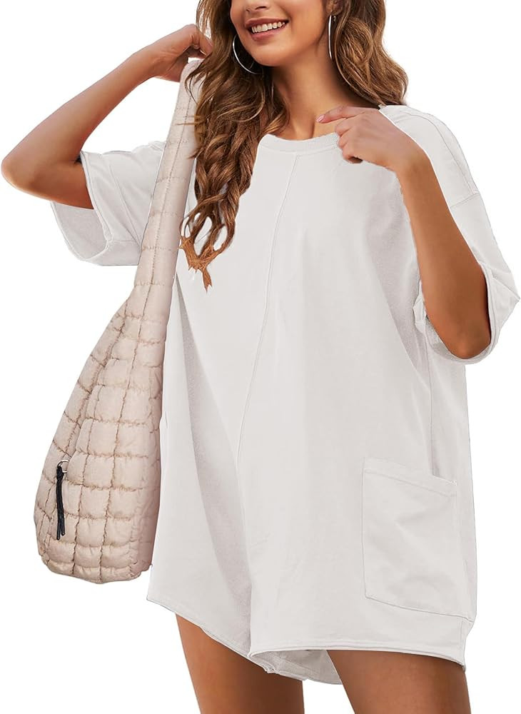 LTSCNRM Womens Tee Rompers One Piece Hot Shot Oversize Jumpsuit Overall Short Sleeve Back V Neck ... | Amazon (US)