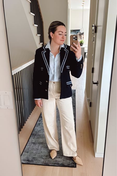 Springy outfit for the office. Target cream colored trousers. Navy and light blue piped tweed blazer. Linen button down shirt.  Natural raffia flats. 

#LTKworkwear #LTKSeasonal #LTKshoecrush