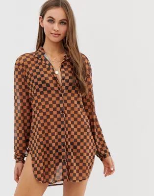 Motel checkerboard mesh beach shirt in tan | ASOS (Global)