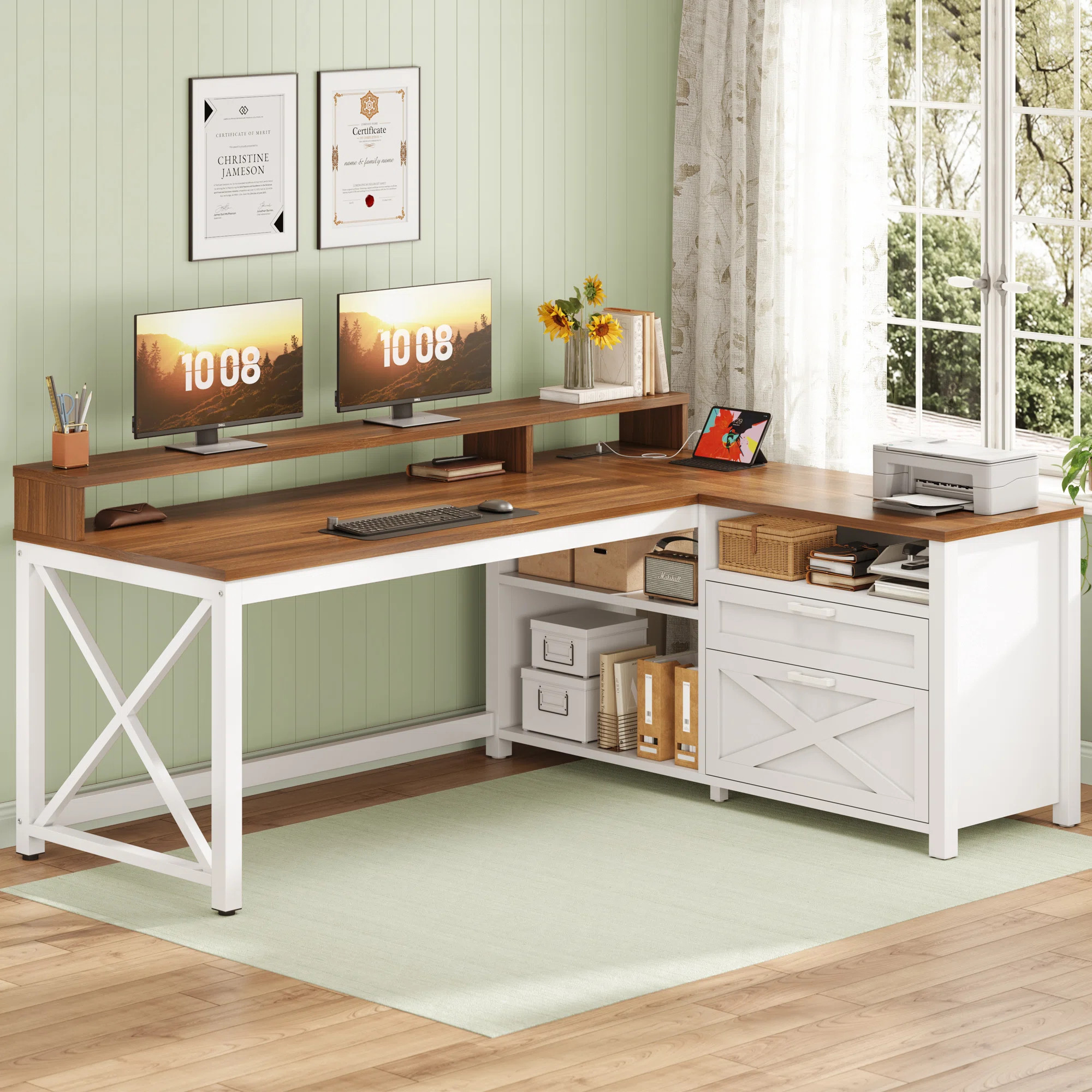 Deskfarmhouse L Shaped Desk, 55" Home Office Desk With Drawers And Storage Shelves, L Shaped Gami... | Wayfair North America